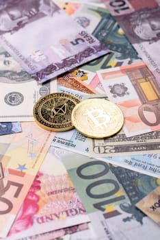 Round metal ethereum on a background of paper banknotes of different currencies. Background for your design