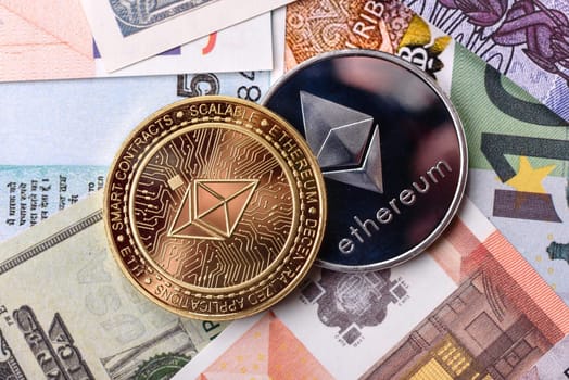 Round metal ethereum on a background of paper banknotes of different currencies. Background for your design