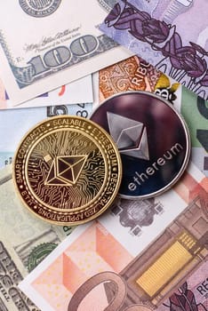 Round metal ethereum on a background of paper banknotes of different currencies. Background for your design