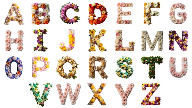 Floral letters arranged in an artistic display showcase the entire English alphabet using vibrant flowers. This unique arrangement emphasizes creativity and nature’s beauty in a decorative style.