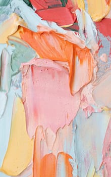 Fragments of an oil painting display rich strokes of color and dynamic texture, revealing the artist's techniques. The surface invites viewers to explore the interplay of tones and forms.