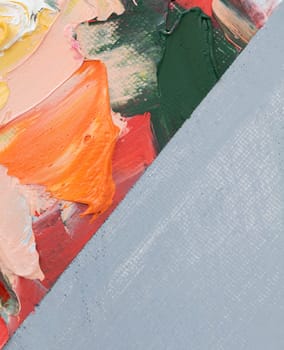 Brightly colored paint fragments showcase dynamic strokes and texture, emphasizing the artistry of palette knife technique. This artwork captures a lively interaction of colors.