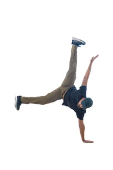 Dance school, hiphop, street, breakdance, funky and modern dancer on white studio background. Man is showing aerobic and dance element. Teen in hip hop style.
