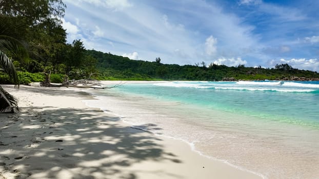 A tranquil tropical beach with palm tree shadows on the white sand, turquoise ocean waves, and lush green hills in the background. Seychelles, La Digue. Anse Cocos.