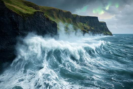 Powerful waves collide with steep cliffs, sending mist into the air as colors light up the sky at dusk, highlighting nature's force.