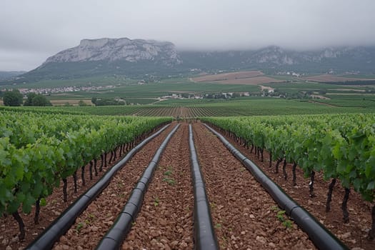 Lush rows of grapevines stretch across the landscape, with irrigation systems visible under a cloudy sky in a French vineyard.