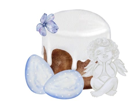 Easter card with cake watercolor. Festive Easter card on an isolated white background. Clip art of baking with painted eggs and cherub. Ideal for invitations and greeting cards. High quality illustration