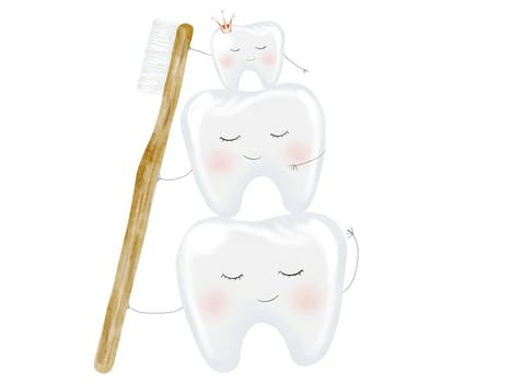 Tooth watercolor. Cute cartoon baby teeth with toothbrush on isolated white background. Dental clip art. Ideal for cards and invitations to the party baby's first tooth, posters in the doctor's office. High quality illustration