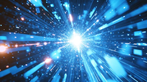 Abstract blue hyperspace jump background with glowing particles and light speed streaks