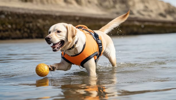 Happy labrador retriever running through shallow water wearing orange life jacket while fetching ball