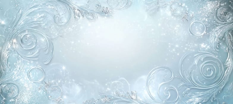 Elegant light blue winter background featuring silver ornaments, glittering particles, and a soft, dreamy atmosphere, perfect for holiday projects