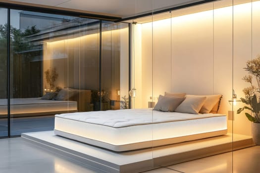 Comfortable mattress illuminated with led lights in a modern minimalist bedroom, creating a relaxing and futuristic ambiance