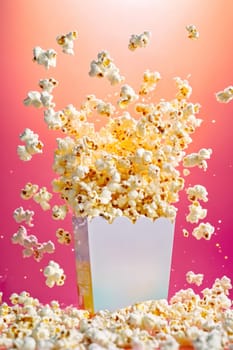 Popcorn exploding from a white container on a vibrant pink background, creating a dynamic and appetizing scene