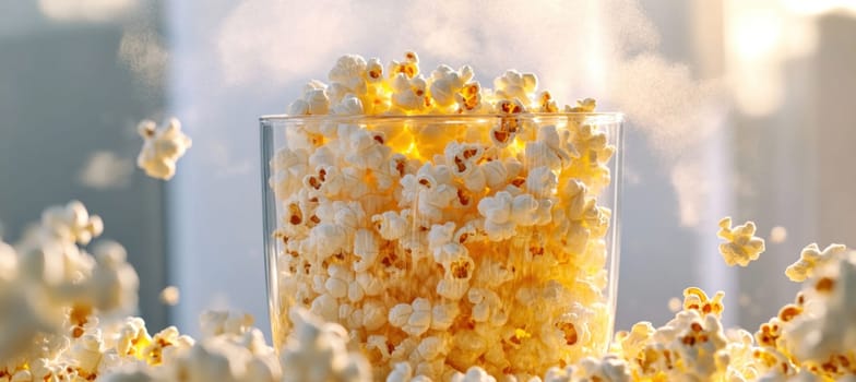 Popcorn overflowing a glass bowl, illuminated by sunlight, creating a delicious and tempting snack