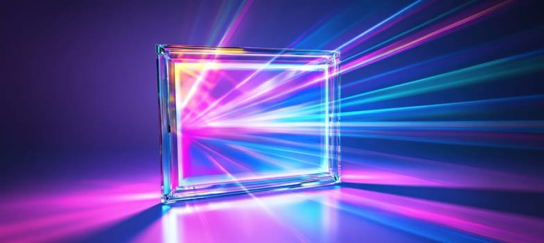Colorful neon lights are shining through a glass frame on a reflective surface, creating a vibrant and futuristic scene