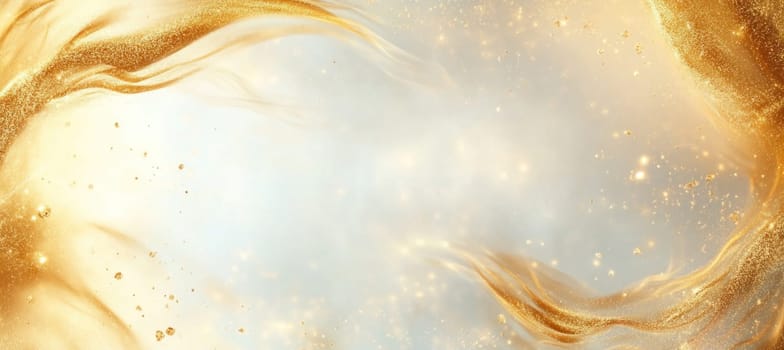 Golden particles flowing and creating abstract wavy lines on a light background with sparkles