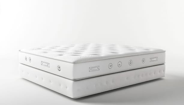 White double bed mattress resting on a white background, promoting comfort and relaxation