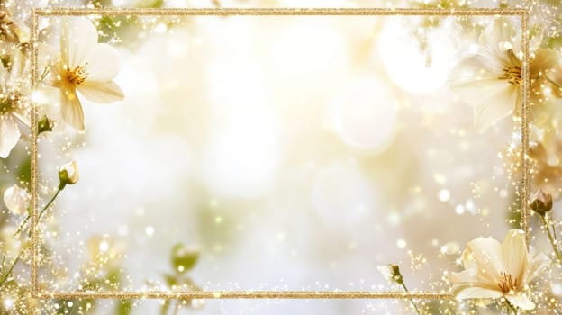 Elegant golden frame with white flowers on a blurred background with sparkling particles creates a luxurious and celebratory atmosphere