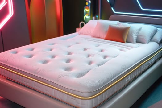 White comfortable mattress with pillows in a futuristic bedroom setting with neon lights, creating a modern and stylish sleep environment