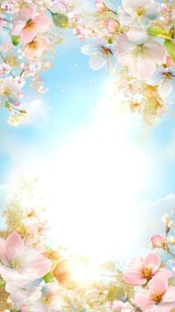 Pink and white cherry blossoms frame golden sunlight against a blue sky background, creating a dreamy spring scene