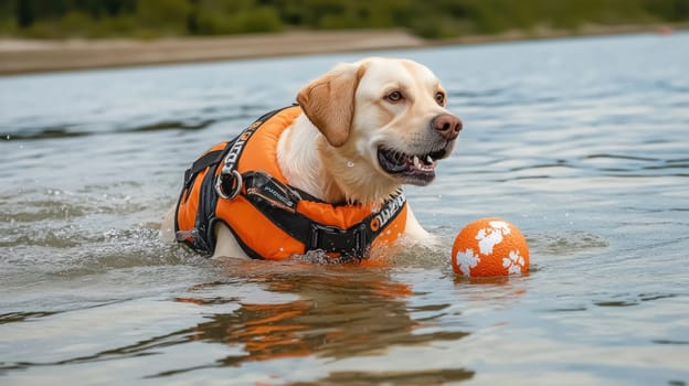 Labrador retriever swimming with life jacket and playing with orange ball