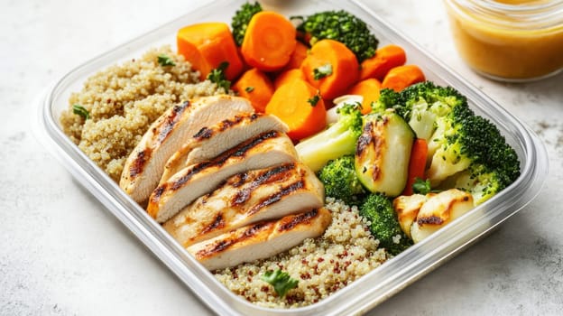 Grilled chicken breast, quinoa and roasted vegetables packed in a lunch box for a healthy meal