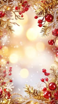 Golden branches, red berries, and falling snow create a festive christmas frame against a warm, sparkling background