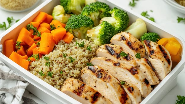Grilled chicken breast, quinoa, sweet potatoes, broccoli and yellow bell pepper in a meal prep container