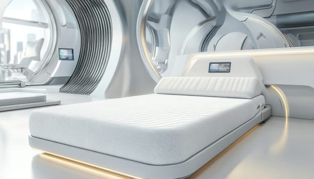 White mattress in a bedroom of the future, featuring integrated technology and modern design