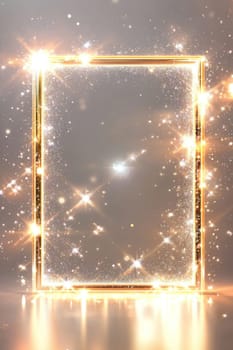 Golden frame with glowing sparkles and glitter on a reflective surface, perfect for showcasing luxury and elegance