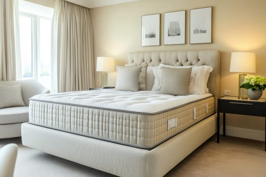 Luxurious hotel room featuring a comfortable mattress, stylish decor, and a picturesque city view