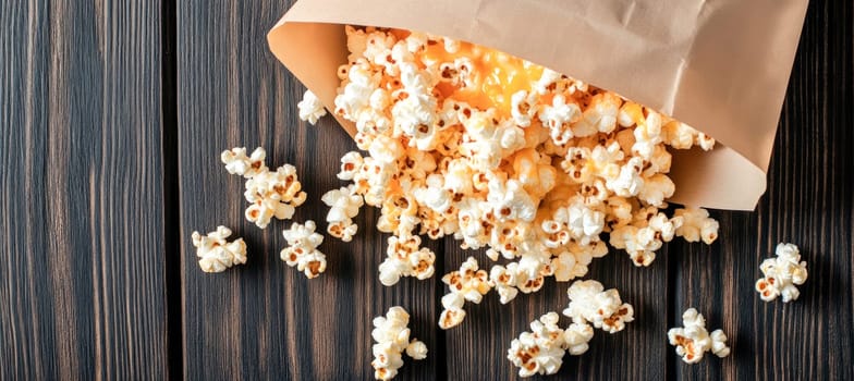 Buttery popcorn spilling from a brown paper bag onto a dark wooden table, creating a tempting snack