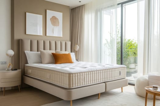 Modern bedroom with elegant double bed, pillows, nightstands, and sheer curtains allowing natural light to illuminate the room