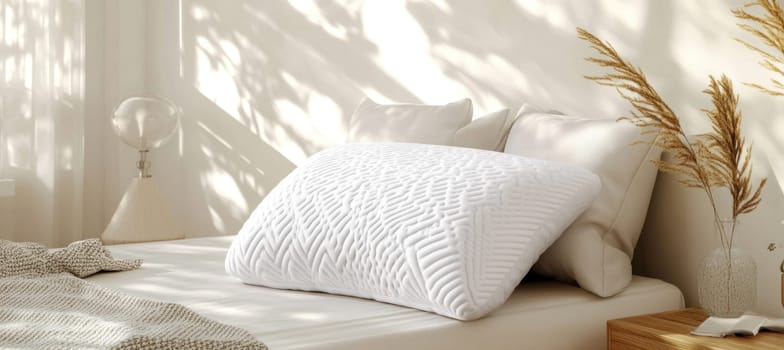 White orthopedic pillow on bed with sunlight streaming through window, creating peaceful atmosphere