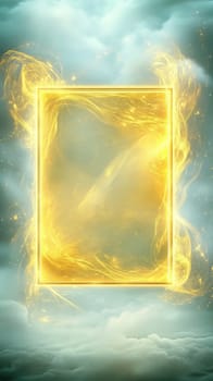 Golden frame radiating magical energy, floating amidst clouds, creating a mystical and enchanting atmosphere