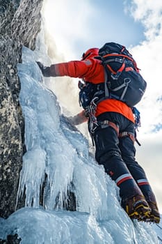 Mountain climber scaling a frozen waterfall, demonstrating skill and determination in winter sports