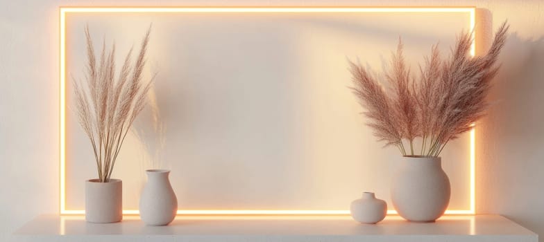 Modern interior design featuring pampas grass in vases, illuminated by an led light frame, creating a warm and stylish atmosphere
