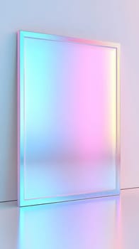 Empty holographic picture frame emitting colorful light in a pastel colored environment