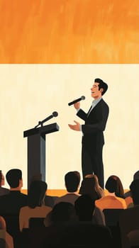 Businessman giving a speech holding a microphone on a stage in front of an audience