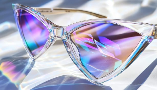 Trendy cat eye sunglasses with iridescent lenses reflecting vibrant, holographic rainbow colors, creating a fashionable and futuristic look