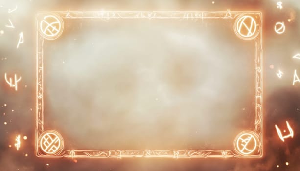 Orange background with glowing nordic rune frame and abstract symbols floating around