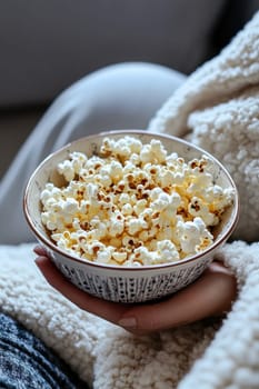 Woman relaxing on sofa with bowl of popcorn, enjoying movie night at home