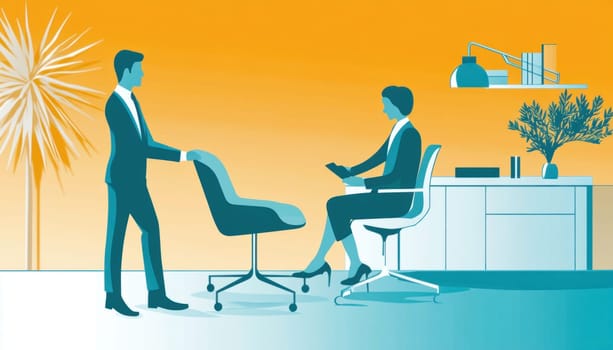 Businessman offering a chair to businesswoman holding a tablet in a modern office, business concept