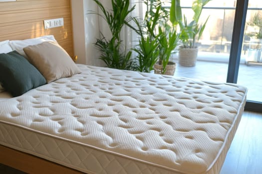 Modern bedroom featuring a comfortable mattress, plants, and a balcony, creating a relaxing and bright atmosphere