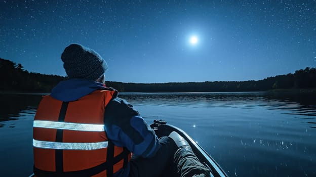Fisherman enjoying a peaceful night kayaking on a calm lake under a bright moon and a starry sky