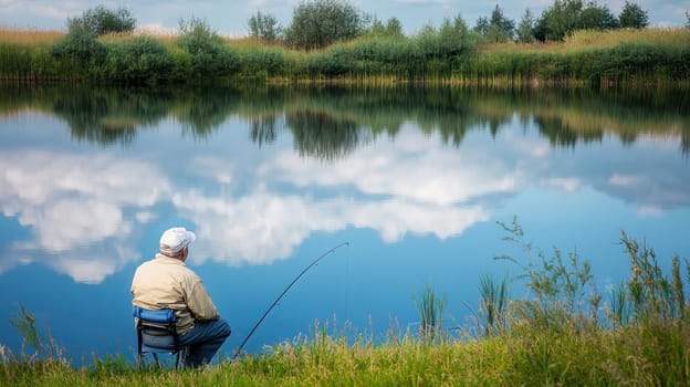 Elderly fisherman enjoying a peaceful day by the lake, casting his line into the calm water reflecting the sky above