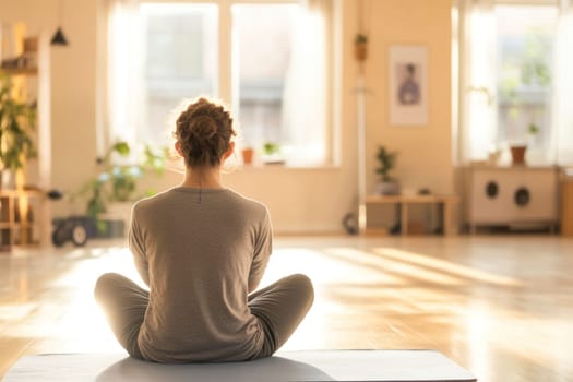 Woman practicing yoga and meditating in lotus pose on mat in her living room