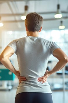 Sportsman holding his lower back experiencing back pain in the gym
