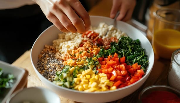 Close up of chef adding spices to a vibrant vegetarian buddha bowl, showcasing a variety of fresh, healthy ingredients