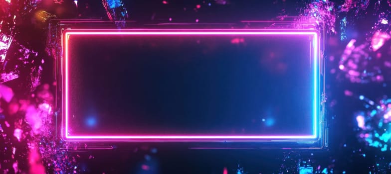 Empty rectangular frame glowing with pink and blue neon light against a dark, abstract digital background with colorful particles